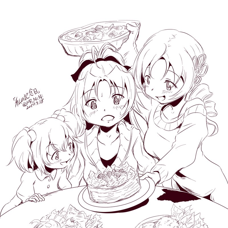 3girls alternate_costume animal_ears artist_request black_hair blush cake character_request drill_hair food mahou_shoujo_madoka_magica monochrome multiple_girls off_shoulder ponytail sakura_kyouko short_twintails sweatdrop sweater tomoe_mami twintails twitter_username white_background