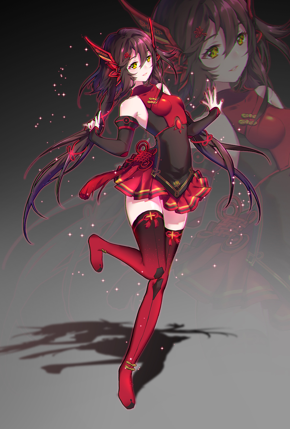 1girl arms_at_sides detached_sleeves fingernails full_body hair_ornament highres long_hair looking_away no_shoes one_leg_raised original purple_hair red_legwear shadow skin_tight sleeves_past_wrists standing standing_on_one_leg thigh-highs twintails yellow_eyes yuzhi zettai_ryouiki zoom_layer