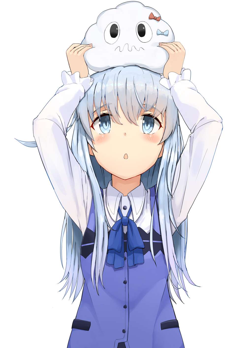 1girl black_eyes blue_bow blue_hair blue_ribbon blue_vest blush bow chestnut_mouth closed_mouth collared_shirt commentary_request cosplay crossover dress_shirt eyebrows_visible_through_hair gochuumon_wa_usagi_desu_ka? hair_between_eyes hibiki_(kantai_collection) highres kafuu_chino kafuu_chino_(cosplay) kantai_collection long_hair long_sleeves looking_up miss_cloud neck_ribbon on_head rabbit_house_uniform red_bow revision ribbon shirt simple_background soil_chopsticks vest wavy_mouth white_background wing_collar