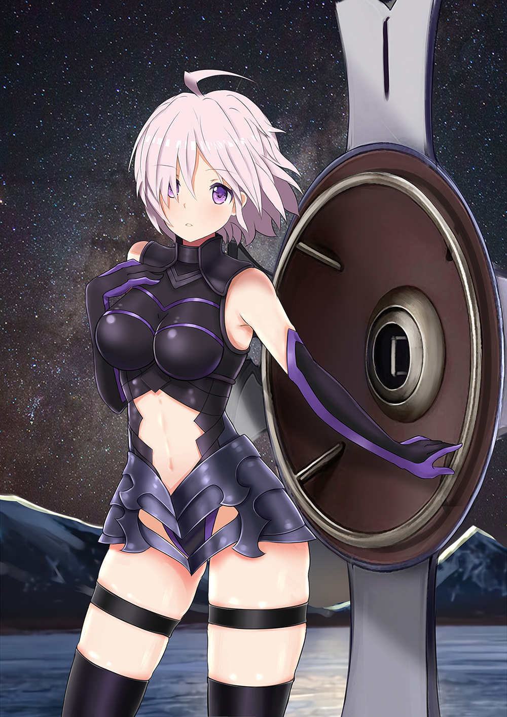 1girl ahoge armor black_legwear black_leotard breasts breasts_apart cowboy_shot cutout elbow_gloves eyebrows_visible_through_hair fate/grand_order fate_(series) gloves hair_between_eyes hair_over_one_eye highres leotard medium_breasts midriff milky_way navel night outdoors parted_lips pink_hair shielder_(fate/grand_order) short_hair sky solo standing star_(sky) starry_sky stomach thigh-highs thigh_strap violet_eyes zhuoji_zhizun