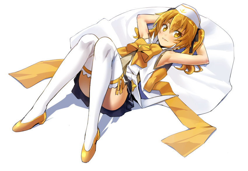 1girl arms_behind_head black_ribbon blonde_hair chikugen_shiina hair_ribbon hikaru_(houkago_no_pleiades) houkago_no_pleiades looking_at_viewer lying on_back ribbon shoes simple_background skirt smile solo thigh-highs twintails white_background white_legwear yellow_shoes