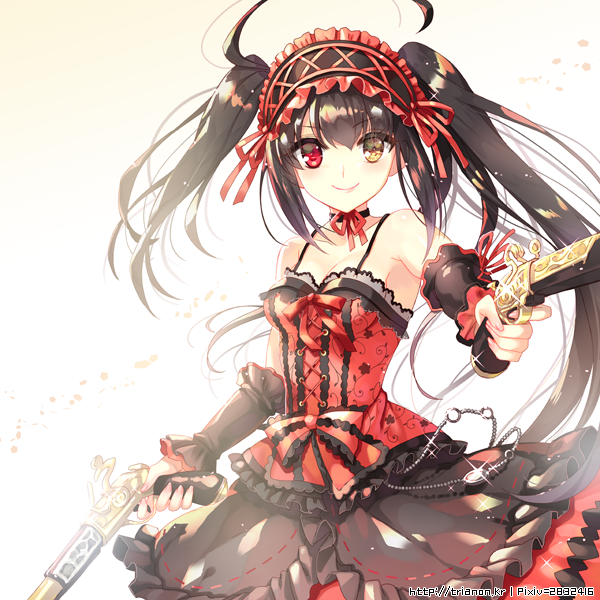 1girl antique_firearm asymmetrical_hair bare_shoulders black_hair breasts choker cleavage clock_eyes corset date_a_live detached_sleeves dual_wielding firearm firelock flintlock gothic_lolita gun handgun heterochromia lolita_fashion long_hair long_nails medium_breasts pistol red_eyes ribbon_choker smile solo symbol-shaped_pupils tokisaki_kurumi trianon twintails upper_body watermark weapon web_address yellow_eyes