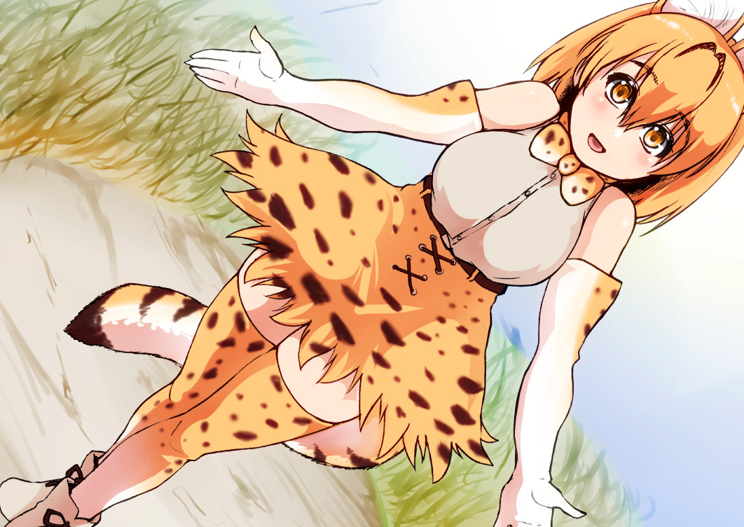 1girl animal_ears bow bowtie cross-laced_clothes dirt_road elbow_gloves gloves grass high-waist_skirt isuna kemono_friends looking_at_viewer serval_(kemono_friends) serval_ears serval_print serval_tail shirt skirt sleeveless sleeveless_shirt solo striped_tail tail yellow_eyes