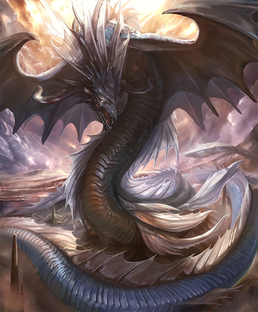 artist_request clouds cloudy_sky cygames dragon dragon_horns dragon_wings fins genesis_dragon horns no_humans official_art scales shadowverse shingeki_no_bahamut sky spines spire wings