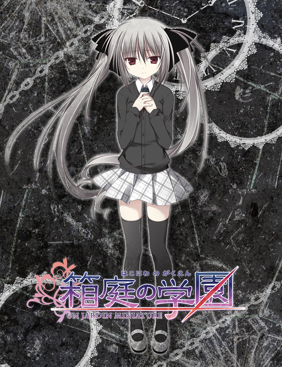black_background black_cardigan black_legwear black_ribbon blush brown_eyes cardigan chains clock closed_mouth collared_shirt copyright_name eyebrows_visible_through_hair french full_body grey_skirt hair_between_eyes hair_ribbon hakoniwa_no_gakuen hands_on_own_chest komiya_rio korie_riko long_hair long_sleeves looking_at_viewer necktie official_art own_hands_together plaid plaid_skirt pleated_skirt ribbon roman_numerals school_uniform shirt shoes silver_hair skirt standing striped striped_necktie thigh-highs twintails uwabaki very_long_hair white_shirt white_shoes wing_collar