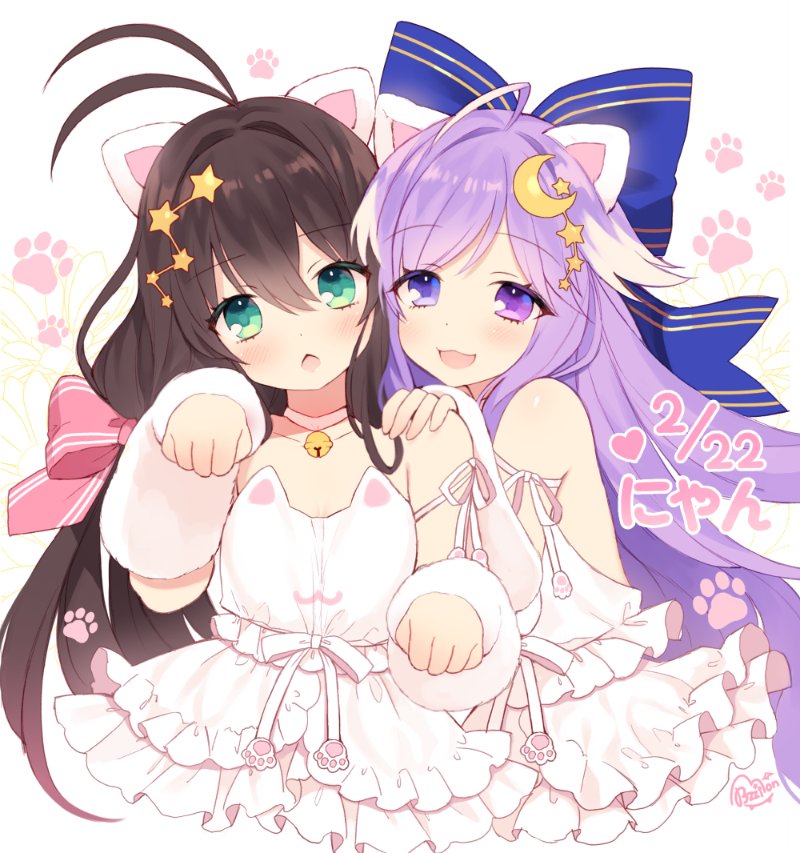 2girls :&lt; :3 ahoge armband bangs bare_shoulders belt_collar blush bow brown_hair byulzzimon choker crescent crescent_hair_ornament detached_sleeves dot_nose dress eyebrows_visible_through_hair frilled_dress frills green_eyes hair_between_eyes hair_bow hair_ornament lavender_hair long_hair looking_at_viewer multiple_girls open_mouth paw_pose paw_print pink_choker smile very_long_hair violet_eyes white_dress