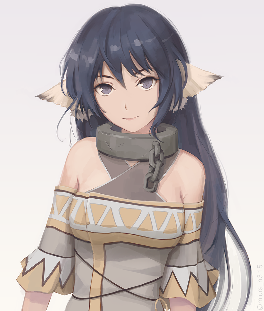 1girl animal_ears bare_shoulders blue_eyes blue_hair breasts chains collar ears karura long_hair looking_at_viewer medium_breasts miura-n315 solo upper_body utawareru_mono white_background