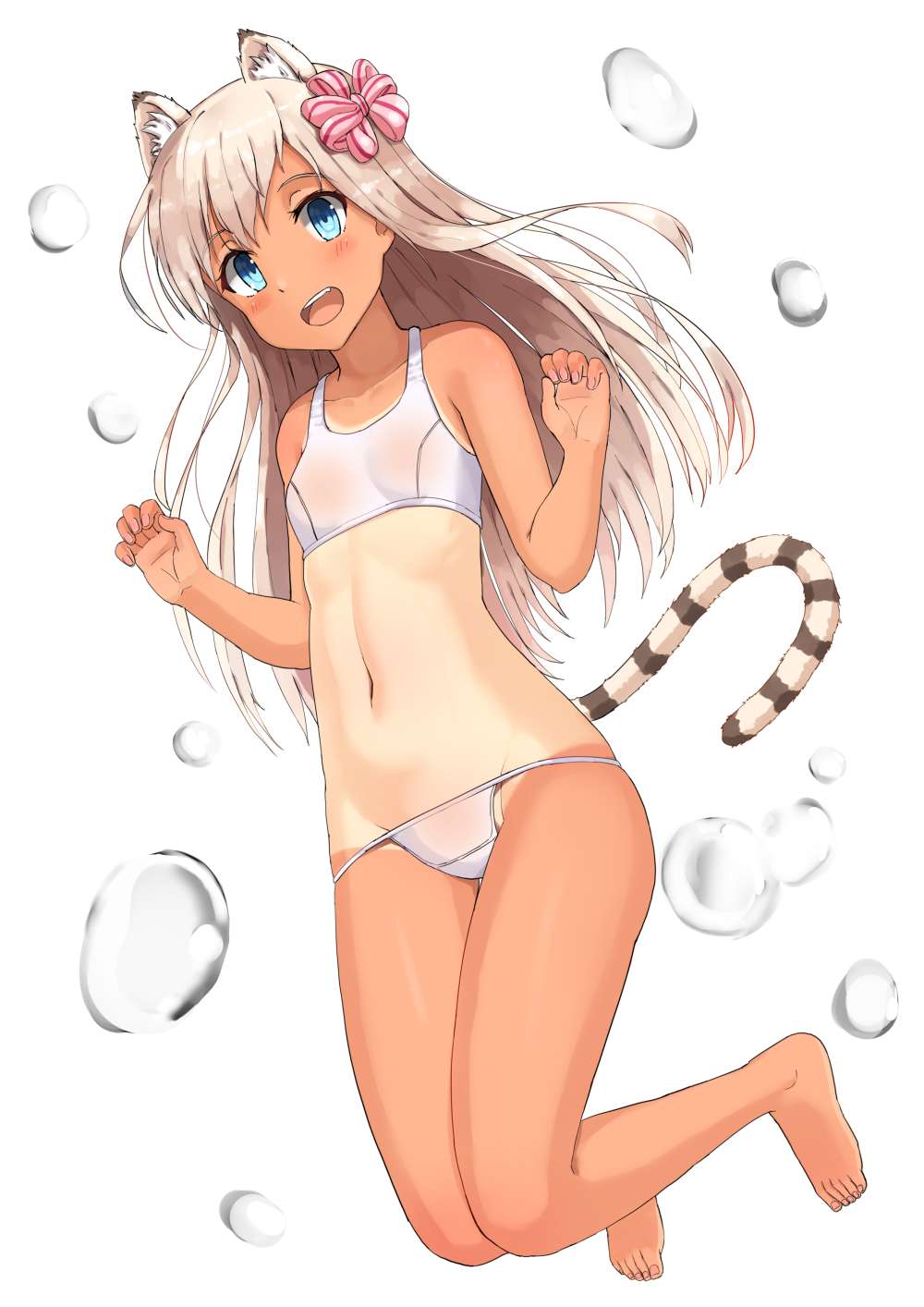 1girl :d animal_ears barefoot bikini blonde_hair blue_eyes cat_ears cat_tail fingernails groin hair_ribbon highres jpeg_artifacts kantai_collection long_hair looking_at_viewer lowleg lowleg_bikini navel nontraditional_school_swimsuit one-piece_tan open_mouth paw_pose revision ribbon ro-500_(kantai_collection) school_swimsuit simple_background smile soil_chopsticks solo swimsuit tail tan tanline white_background white_bikini white_school_swimsuit white_swimsuit