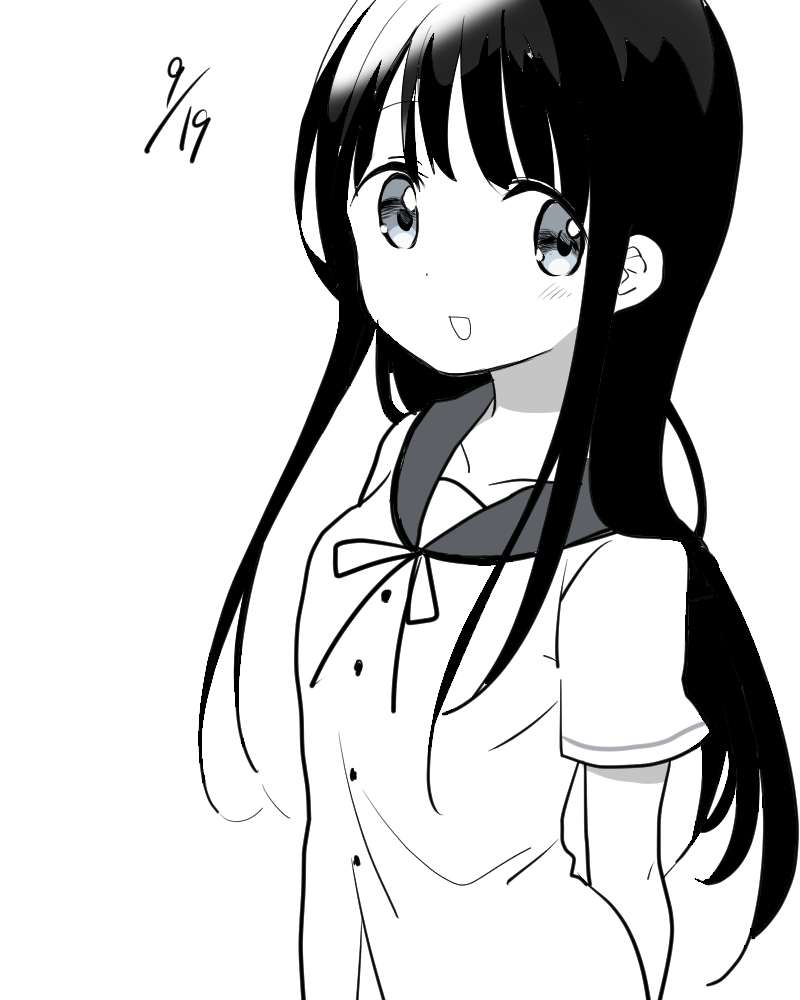 1girl :d bangs blouse blunt_bangs breasts buttons collarbone commentary_request gochuumon_wa_usagi_desu_ka? greyscale long_hair looking_at_viewer monochrome nao_(70_pocky) neck_ribbon open_mouth ribbon sailor_collar school_uniform serafuku short_sleeves sidelocks simple_background small_breasts smile solo ujimatsu_chiya upper_body white_background