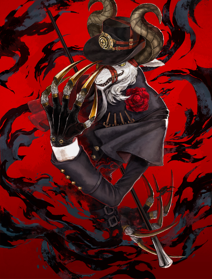 1boy blue_jacket blue_robe claws commentary_request fingernails flower goat goat_ears goat_horns grin hand_up hat hat_belt hat_ornament holding_stick horizontal_pupils horocca jacket leg-belt long_sleeves looking_at_viewer monster muzzle overlord_(maruyama) red_background robe rose sharp_fingernails smile solo standing top_hat ulbert_alain_odle walking_stick white_fur yellow_eyes