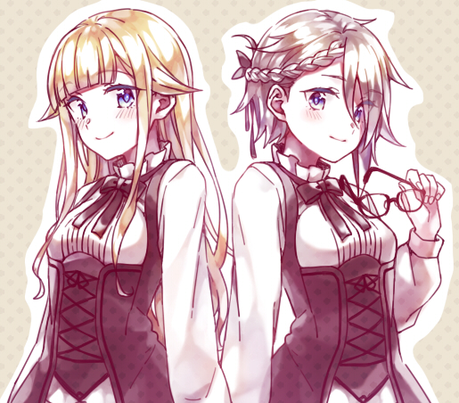 2girls ange_(princess_principal) blonde_hair blue_eyes blush fuyu_rin glasses glasses_removed grey_hair long_hair multiple_girls princess_(princess_principal) princess_principal school_uniform short_hair smile