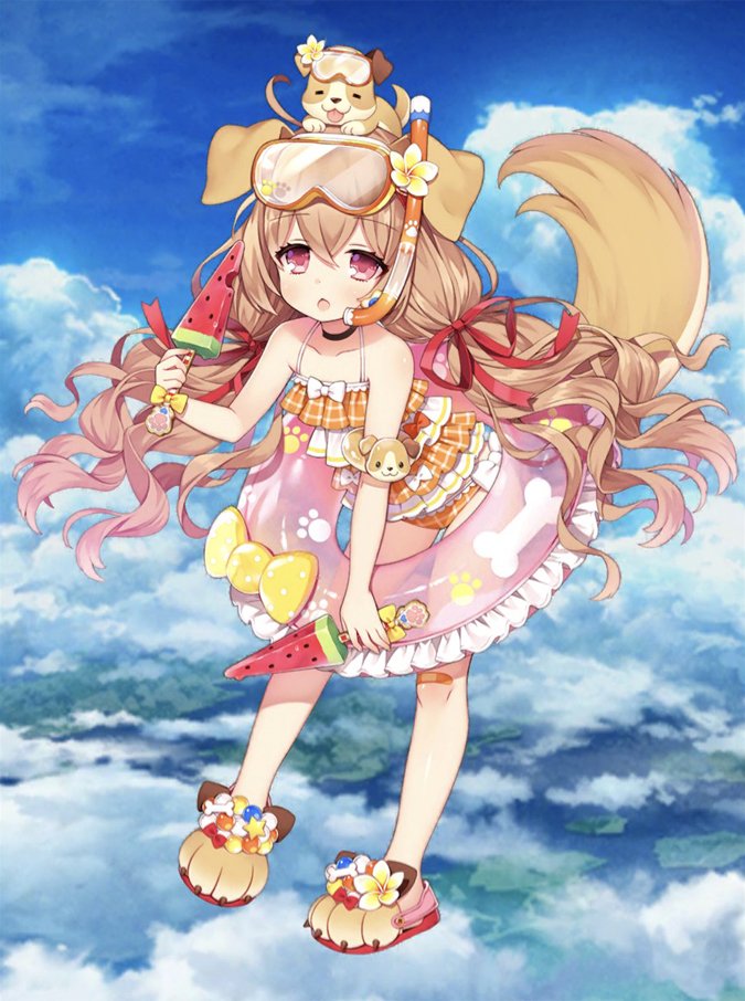 1girl animal animal_ears animal_on_head armband bangs bare_shoulders blue_sky blush byulzzimon clouds cloudy_sky commentary_request diving_mask_on_head dog dog_ears dog_girl dog_on_head dog_tail eyebrows_visible_through_hair flower flower_ornament food frilled_swimsuit frills full_body hair_between_eyes hair_flower hair_ornament holding holding_food innertube long_hair looking_at_viewer on_head orange_swimsuit parted_lips paws pink_eyes popsicle sandals shironeko_project sky solo standing swimsuit tail very_long_hair watermelon_bar