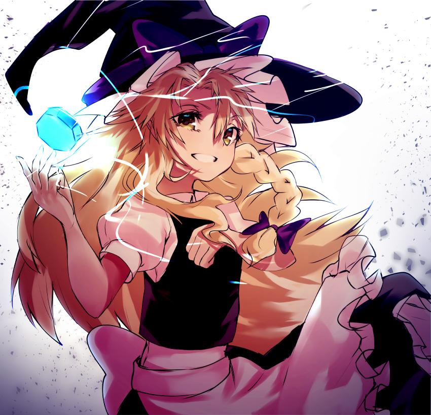 1girl apron asuzemu black_hat black_skirt blonde_hair bow braid brown_eyes eyebrows_visible_through_hair floating_hair hair_between_eyes hair_bow hat kirisame_marisa long_hair long_skirt purple_bow shirt short_sleeves sketch skirt solo touhou very_long_hair white_apron white_shirt witch_hat