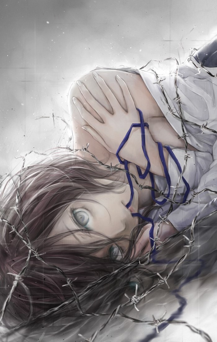 1girl barbed_wire bare_shoulders black_hair commentary_request dutch_angle grey_background grey_eyes hair_between_eyes long_sleeves looking_at_viewer lying nuwanko off_shoulder on_side original self_hug shirt short_hair solo white_shirt