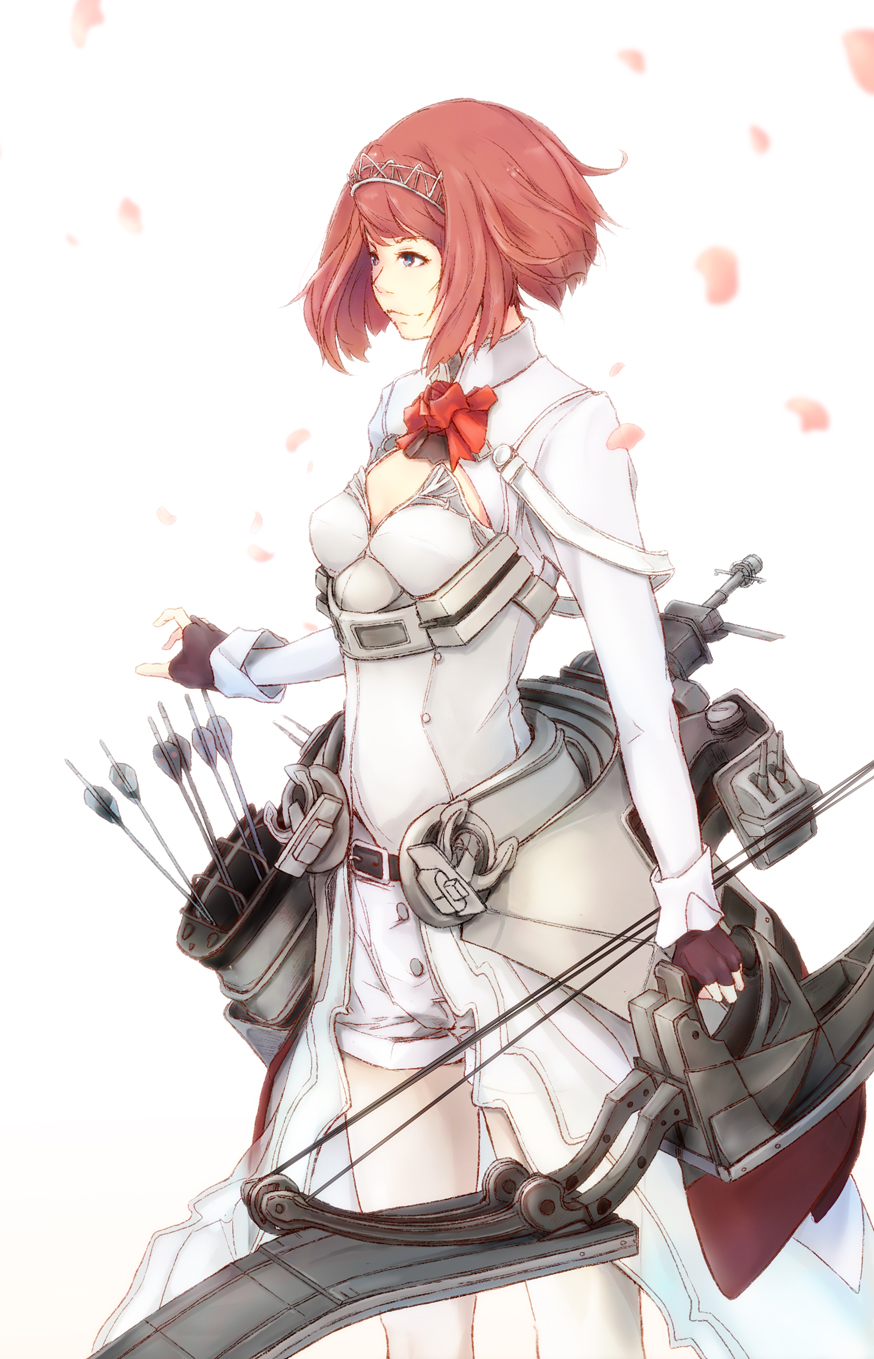 1girl ark_royal_(kantai_collection) arrow bangs belt blue_eyes blunt_bangs bob_cut bow_(weapon) cleavage_cutout compound_bow cowboy_shot fingerless_gloves gloves hairband highres kantai_collection long_sleeves machinery museum2088_(shentian) pantyhose quiver red_ribbon redhead ribbon rigging short_hair shorts simple_background solo standing tiara weapon white_background white_legwear white_shorts