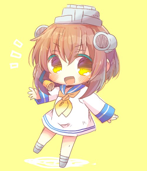 1girl blue_sailor_collar brown_eyes brown_hair chibi dress full_body headgear kantai_collection kouu_hiyoyo looking_at_viewer neckerchief no_nose open_mouth sailor_collar sailor_dress school_uniform serafuku short_hair simple_background smile solo standing waving yellow_background yellow_neckerchief yukikaze_(kantai_collection)