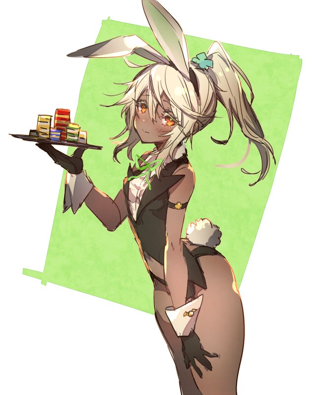 1girl alternate_costume alternate_hairstyle animal_ears bare_legs bare_shoulders black_gloves black_leotard blonde_hair blush breasts bunny_tail bunnysuit closed_mouth dark_skin fake_animal_ears from_side gloves guilty_gear guilty_gear_xrd hair_between_eyes holding holding_tray leotard long_hair looking_at_viewer looking_to_the_side orange_eyes oro_(sumakaita) ponytail rabbit_ears ramlethal_valentine small_breasts solo tail tray