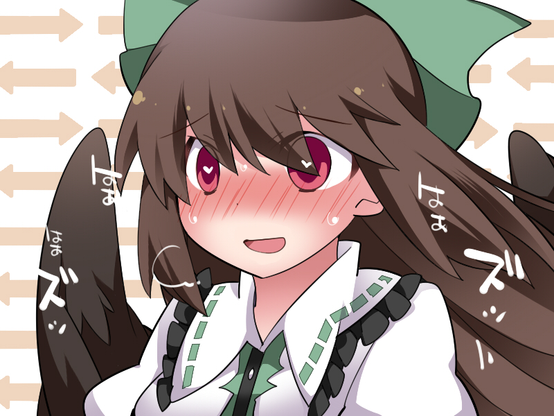 1girl brown_hair commentary_request directional_arrow hair_ribbon hammer_(sunset_beach) heart heart-shaped_pupils heavy_breathing long_hair open_mouth red_eyes reiuji_utsuho ribbon smile solo symbol-shaped_pupils touhou upper_body wings