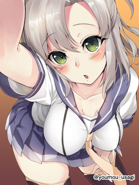 1girl blush breasts cleavage green_eyes grey_hair image_sample kantai_collection kinugasa_(kantai_collection) long_hair looking_at_viewer necktie open_mouth school_uniform serafuku solo thigh-highs twitter_sample youmou_usagi