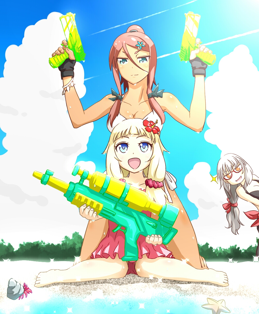 3girls ahagon_umiko beach bikini blue_eyes brown_hair clouds crab day fingerless_gloves flower glasses gloves gun hair_flower hair_ornament hazuki_shizuku hibiscus highres kizeminato long_hair multiple_girls new_game! outdoors sakura_nene seashell shell side-tie_bikini smile starfish super_soaker swimsuit toy_gun water water_gun weapon white_bikini