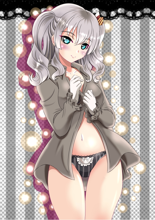1girl aka_kitsune blue_eyes collarbone commentary_request curly_hair frilled_panties frills gloves kantai_collection kashima_(kantai_collection) long_hair looking_at_viewer navel panties silver_hair smile solo striped twintails underwear vertical-striped_panties vertical_stripes white_gloves