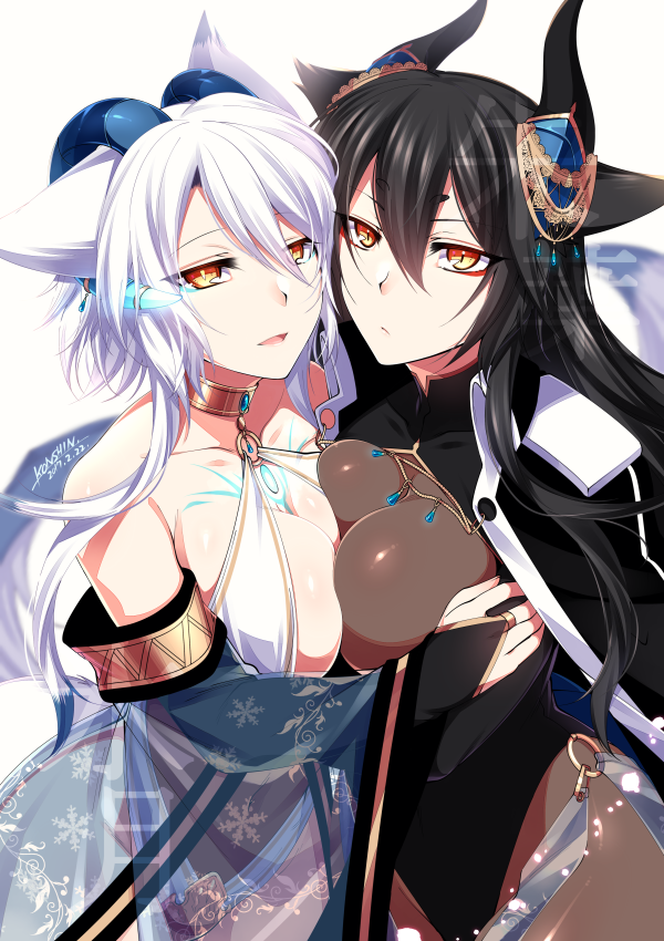 2girls animal_ears bangs black_dress black_gloves black_hair breast_press breasts bridal_gauntlets closed_mouth collar dated detached_sleeves dress gem gloves glowing_horns hair_between_eyes hair_ornament horns jewelry konshin large_breasts looking_at_viewer multiple_girls o-ring orange_eyes original parted_lips red_eyes see-through signature simple_background slit_pupils smile standing white_background