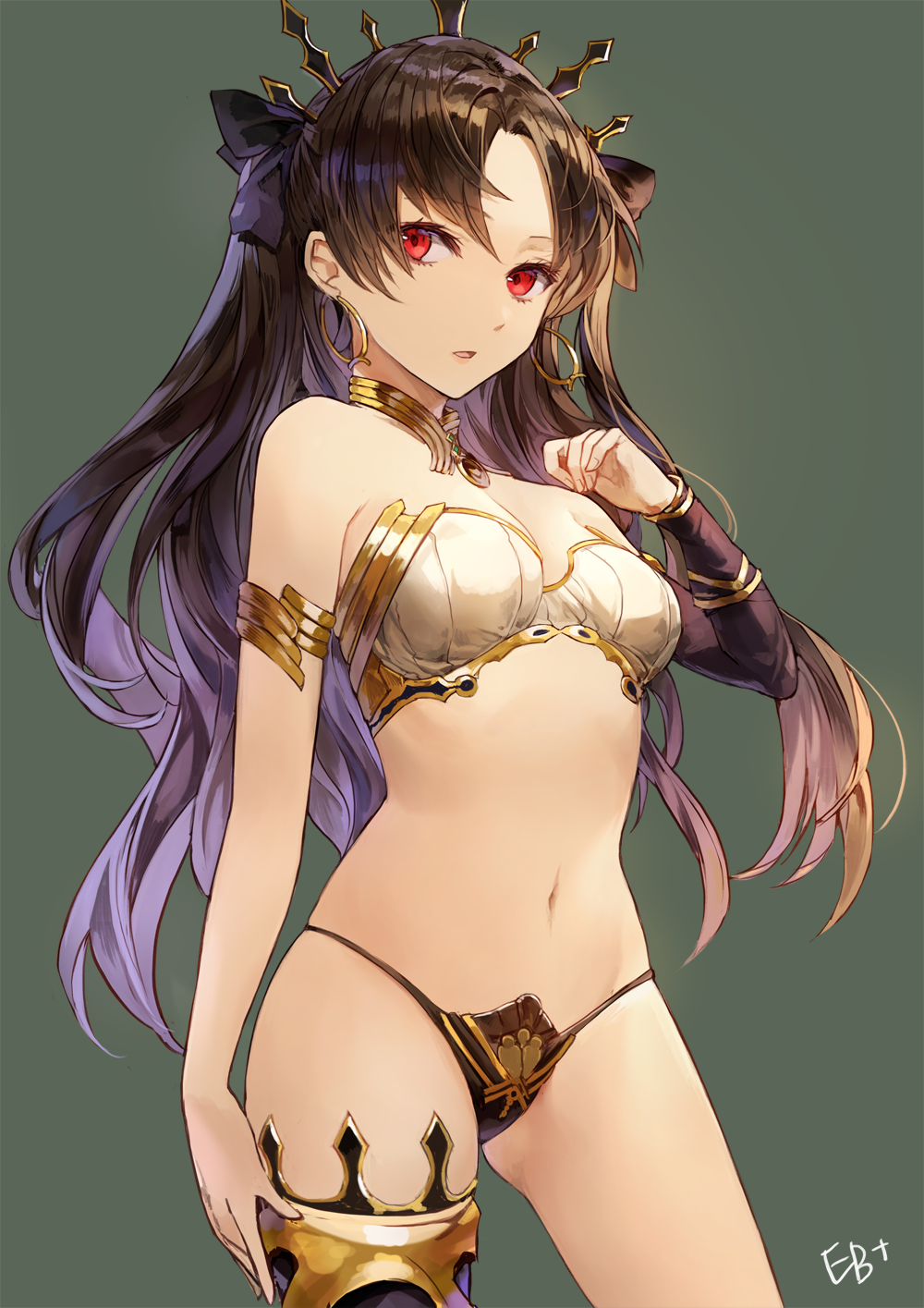 1girl anklet armlet artist_name asymmetrical_legwear asymmetrical_sleeves bare_shoulders black_hair cowboy_shot earrings fate/grand_order fate_(series) hair_ribbon highres hoop_earrings ishtar_(fate/grand_order) jewelry kim_eb long_hair looking_at_viewer navel red_eyes ribbon simple_background single_thighhigh solo thigh-highs tohsaka_rin two_side_up