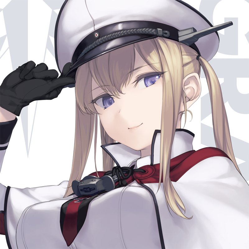 1girl anchor_necklace arm_up black_gloves blonde_hair breasts close-up closed_mouth eyebrows_visible_through_hair face gloves graf_zeppelin_(kantai_collection) hand_on_headwear hat headgear jacket kantai_collection large_breasts long_hair looking_at_viewer necktie red_necktie rokuwata_tomoe smile solo two_side_up violet_eyes white_background white_jacket