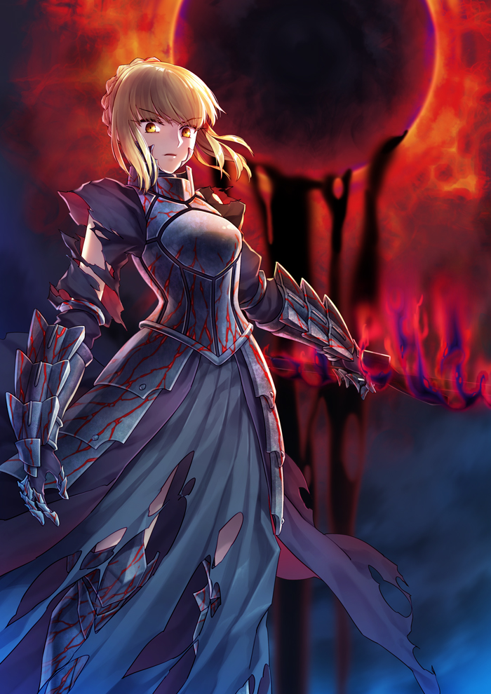 1girl armor armored_boots armored_dress artoria_pendragon_(all) black_dress blonde_hair boots dark_excalibur dress eclipse eyebrows_visible_through_hair fate/hollow_ataraxia fate_(series) floating_hair gauntlets holding holding_sword holding_weapon parted_lips saber_alter short_hair_with_long_locks solo standing sword thigh-highs thigh_boots torn_clothes torn_dress weapon yellow_eyes yeruen
