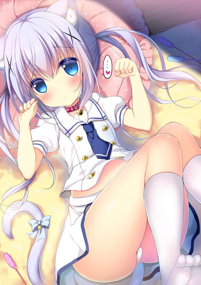 ... 1girl animal_ears ass bangs bed bell bell_collar belt_collar blue_bow blue_eyes blue_necktie blush bow buckle cat_ears cat_tail cat_teaser closed_mouth collar commentary_request eyebrows_visible_through_hair frilled_pillow frills from_above gochuumon_wa_usagi_desu_ka? hair_between_eyes hair_ornament hands_up heart indoors kafuu_chino kemonomimi_mode kneehighs knees_up light_blue_hair long_hair looking_at_viewer lying necktie on_back on_bed panties pantyshot pantyshot_(lying) paw_pose pillow polka_dot polka_dot_pillow puffy_short_sleeves puffy_sleeves red_collar school_uniform serafuku shibainu_niki shiny shiny_skin short_sleeves skirt solo spoken_ellipsis spoken_heart sunlight tail tail_bow twintails underwear white_legwear white_panties white_sailor_collar white_skirt x_hair_ornament