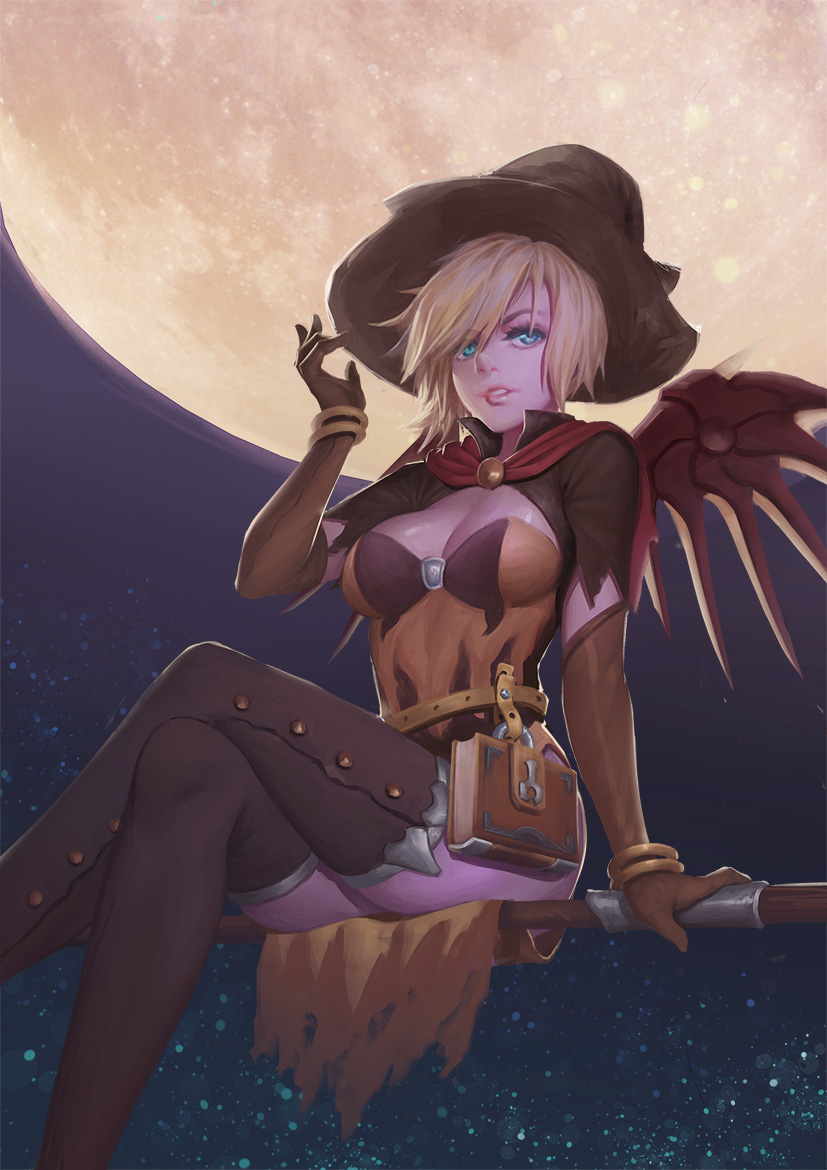 1girl alternate_costume bangle blonde_hair blue_eyes bodice book bracelet breasts brooch broom broom_riding brown_gloves brown_legwear capelet cleavage earrings elbow_gloves eyebrows_visible_through_hair eyes_visible_through_hair female full_moon gloves halloween_costume hand_on_headwear hat jewelry legs_crossed looking_at_viewer mechanical_wings medium_breasts mercy_(overwatch) moon night night_sky nose outdoors overwatch parted_lips pelvic_curtain short_sleeves sidesaddle sky smile solo star_(sky) starry_sky thigh-highs wings witch witch_hat witch_mercy xian_yu_mo_ren