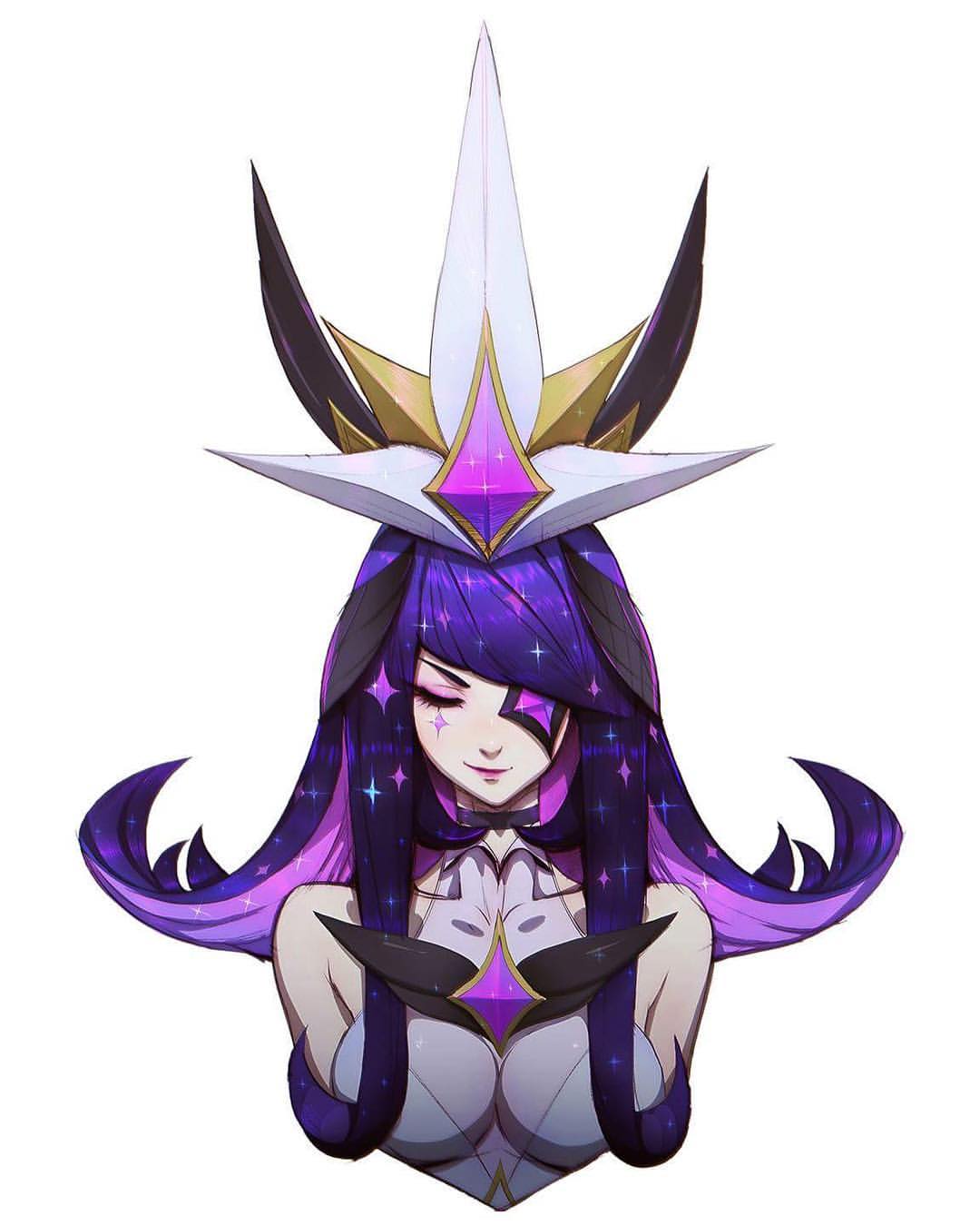 1girl bare_shoulders breasts closed_eyes cropped_torso eyelashes eyepatch facial_mark hair_ornament highres league_of_legends lipstick long_hair magical_girl makeup mascara purple_lipstick simple_background smile smirk sparkle star_guardian_syndra steve_zheng syndra upper_body white_background
