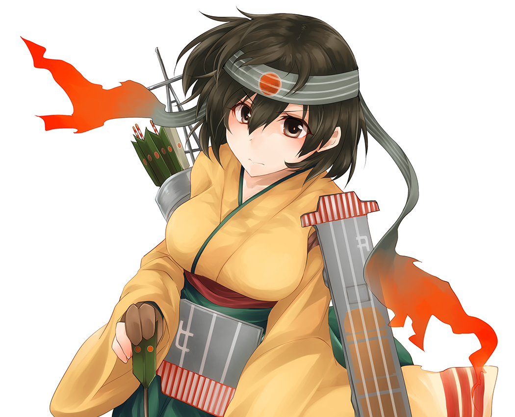 1girl arrow breasts brown_eyes brown_gloves brown_hair flight_deck gloves headband hiryuu_(kantai_collection) holding holding_arrow japanese_clothes kantai_collection kimono large_breasts long_sleeves one_side_up quiver remodel_(kantai_collection) simple_background solo suna_kiririto upper_body white_background wide_sleeves yellow_kimono