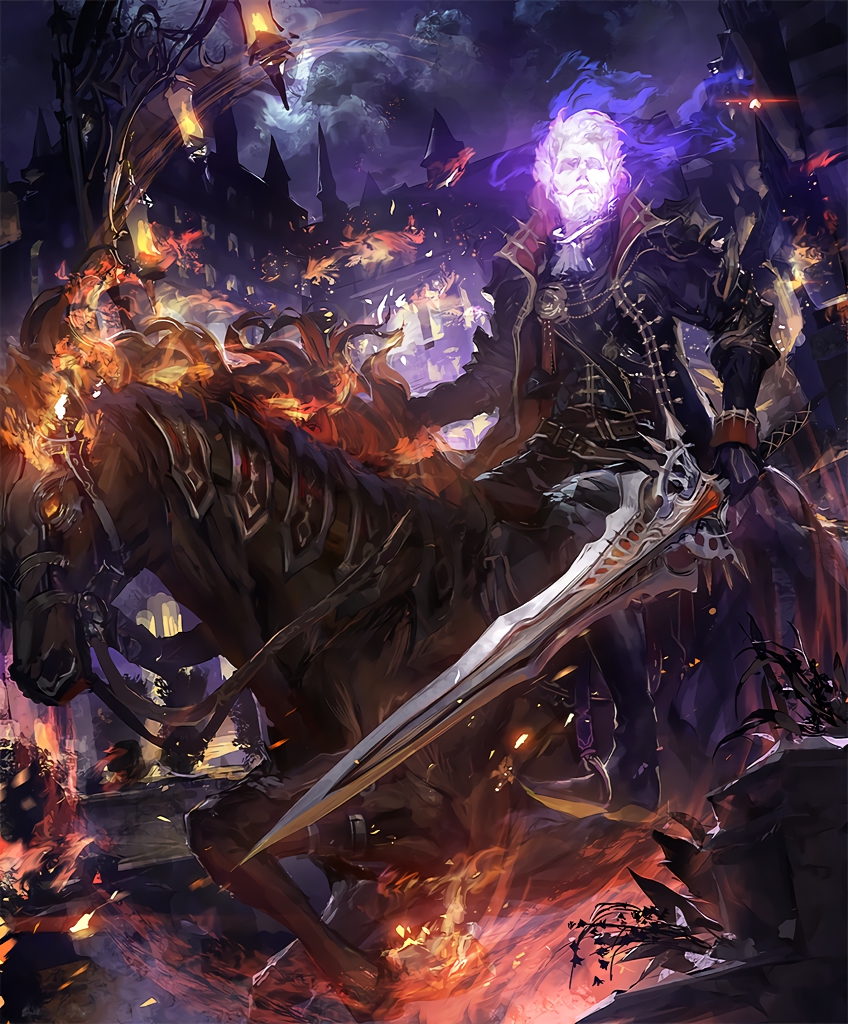 1boy armor artist_request burning_hair castle cygames demonlord_eachtar fire ghost headless horse horseback_riding lantern long_coat night official_art pointy_shoes riding shadowverse shingeki_no_bahamut shoes sword weapon