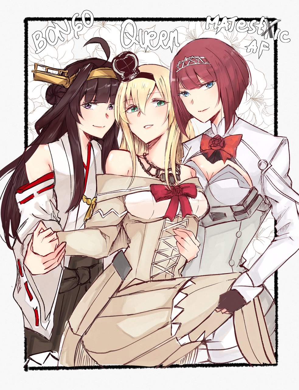 3girls ark_royal_(kantai_collection) blonde_hair blue_eyes bob_cut braid brown_eyes brown_gloves brown_hair cleavage_cutout crown detached_sleeves double_bun dress english fingerless_gloves flower french_braid gloves green_eyes hairband headgear highres jewelry kantai_collection kongou_(kantai_collection) lasagna_bob long_hair long_sleeves looking_at_viewer mini_crown multiple_girls necklace nontraditional_miko off-shoulder_dress off_shoulder red_ribbon red_rose redhead ribbon ribbon-trimmed_sleeves ribbon_trim rose short_hair tiara warspite_(kantai_collection) white_dress
