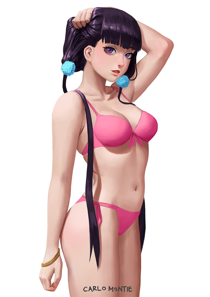 1girl arm_up artist_name bangle bangs bikini blend_s bracelet breasts carlo_montie cowboy_shot hair_bobbles hair_ornament jewelry long_hair looking_at_viewer low_twintails navel parted_lips pink_bikini sakuranomiya_maika simple_background small_breasts solo swimsuit twintails violet_eyes white_background