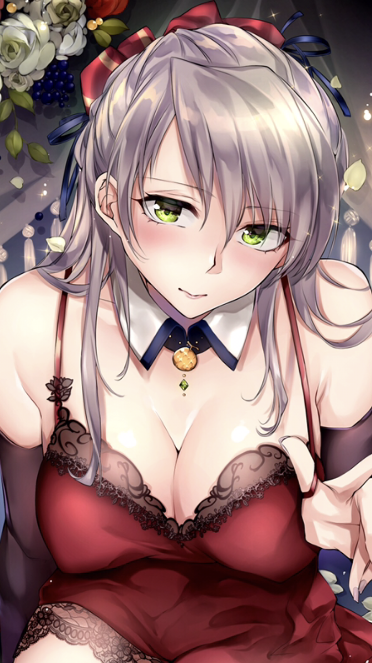 1girl bangs bare_shoulders blush breasts cleavage detached_collar green_eyes highres jpeg_artifacts lace_trim looking_at_viewer medium_breasts nightgown no_bra original petals pink_lips platinum_blonde red_clothes reflective_eyes sitting smile solo sparkle strap_pull swept_bangs thighs yukibuster_z
