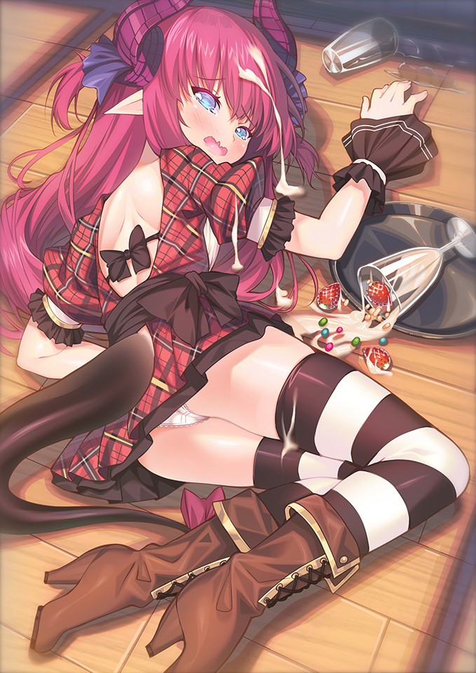 1girl ass back_cutout bangs black_legwear blue_eyes blush boots brown_footwear commentary_request cup dragon_horns dragon_tail dress drinking_glass fate/extra fate/extra_ccc fate_(series) food fruit hair_ribbon high_heel_boots high_heels horns knee_boots kneehighs lancer_(fate/extra_ccc) long_hair looking_at_viewer lying on_side open_mouth panties parfait plaid plaid_dress pointy_ears purple_hair ribbon sidelocks solo spill strawberry striped striped_legwear tail tears thigh-highs thigh_strap thighs tonchan tray tripping two_side_up underwear waitress wavy_mouth white_panties wooden_floor wrist_cuffs zettai_ryouiki