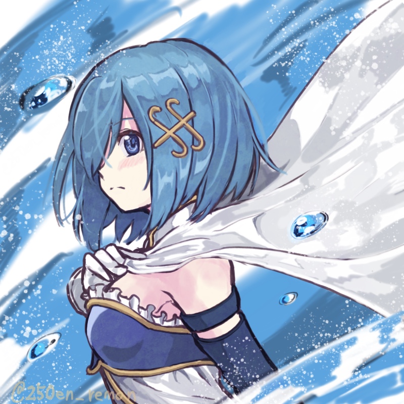 250en_remon armor blue_eyes blue_hair blush breastplate cape eyebrows_visible_through_hair frown gloves hair_ornament looking_at_viewer looking_to_the_side magical_girl mahou_shoujo_madoka_magica miki_sayaka one_eye_covered short_hair strapless water