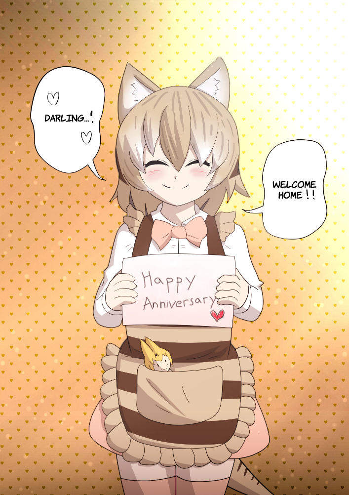 1girl animal_ears apron arkeden_razeare bad_id bad_pixiv_id bags_under_eyes bow bowtie brown_eyes character_doll empty_eyes english_text hair_between_eyes holding holding_sign light_brown_hair long_sleeves looking_at_viewer multicolored_hair serval_(kemono_friends) shirt short_hair sign skirt smile solo speech_bubble standing thigh-highs thylacine_(kemono_friends) thylacine_ears thylacine_tail white_hair