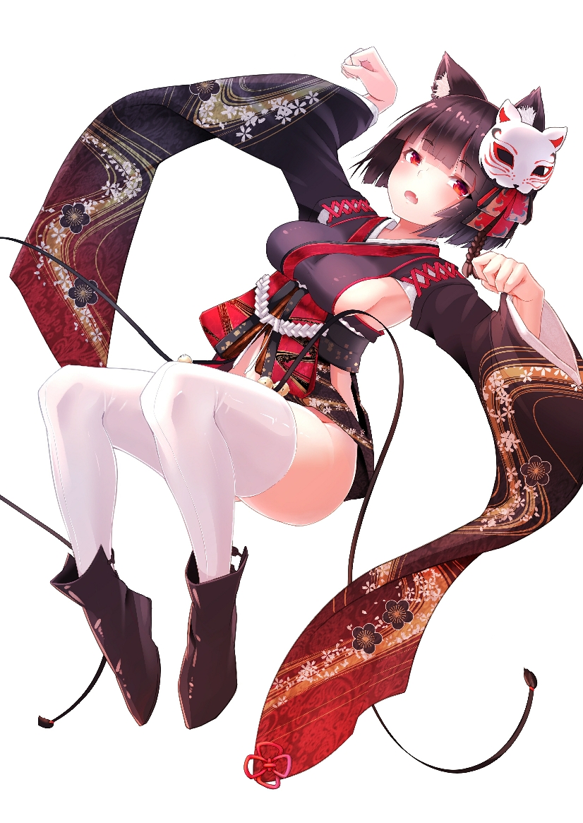 1girl animal_ears artist_request azur_lane bangs black_hair blunt_bangs blush breasts cat_ears cat_mask fang full_body japanese_clothes kimono looking_at_viewer mask mask_on_head medium_breasts parted_lips paw_pose red_eyes short_hair sideboob solo thigh-highs white_legwear wide_sleeves yamashiro_(azur_lane)