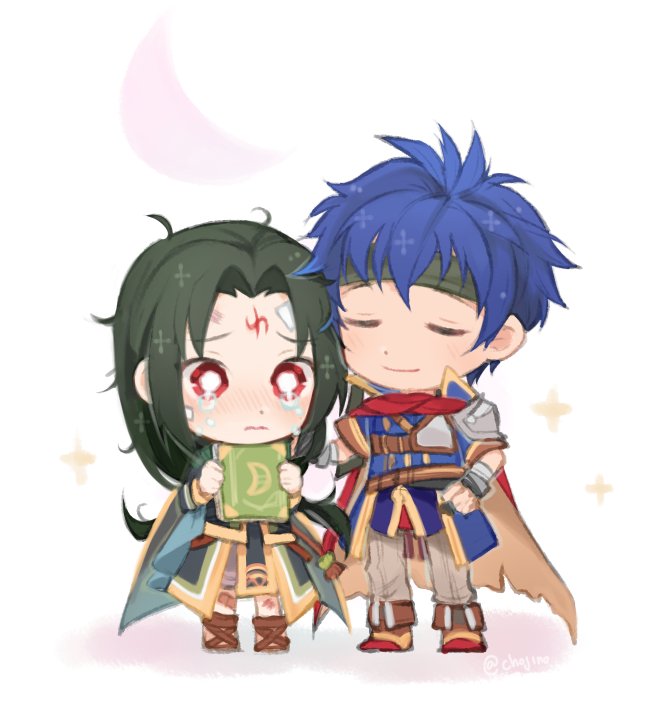 2boys black_hair blue_eyes blue_hair book cape chibi facial_mark fire_emblem fire_emblem:_souen_no_kiseki fire_emblem_heroes gloves headband ike long_hair male_focus multiple_boys red_eyes short_hair smile soren tears