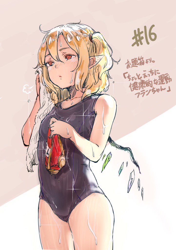 1girl =3 alternate_costume bare_arms bare_shoulders blonde_hair blush breasts closed_mouth cowboy_shot danji_aq drying drying_hair flandre_scarlet hair_between_eyes nose_blush one-piece_swimsuit one_side_up pointy_ears red_eyes sketch small_breasts solo standing swimsuit touhou towel wet wet_hair wings
