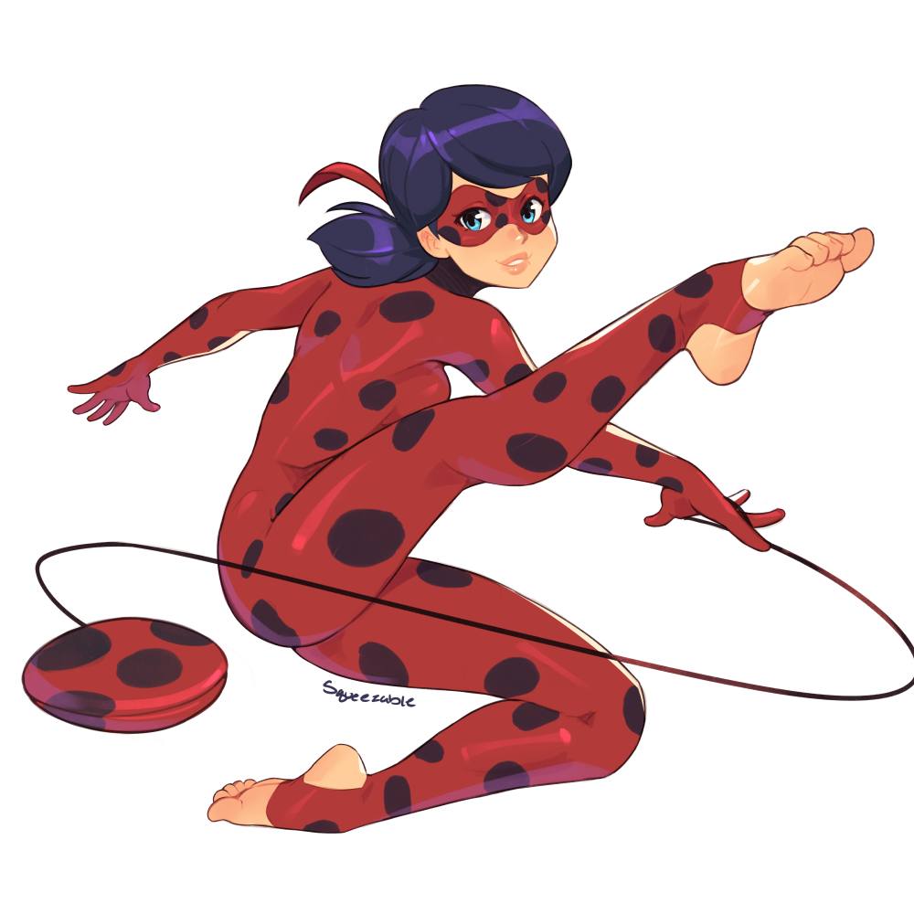 1girl artist_name black_hair blue_eyes bodysuit breasts commentary domino_mask english_commentary feet full_body jumping ladybug_(character) looking_at_viewer mask medium_breasts medium_hair miraculous_ladybug parted_lips polka_dot pose red_bodysuit simple_background smile solo squeezable_(artist) stirrup_legwear toeless_legwear toes white_background yo-yo