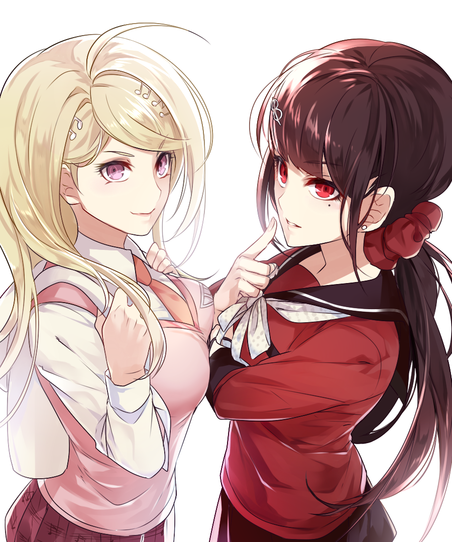 2girls ahoge akamatsu_kaede asymmetrical_docking black_hair black_skirt blonde_hair breast_press breasts dangan_ronpa earrings eyebrows_visible_through_hair hair_ornament hair_scrunchie hanbee_(higawari_k) harukawa_maki index_finger_raised jewelry long_hair looking_at_viewer medium_breasts mole mole_under_eye multiple_girls musical_note musical_note_hair_ornament musical_note_print neck_ribbon necktie new_dangan_ronpa_v3 orange_neckwear parted_lips pink_eyes pink_sweater pleated_skirt purple_skirt red_eyes red_serafuku red_shirt ribbon scrunchie shirt simple_background skirt smile standing sweater sweater_vest very_long_hair white_background white_ribbon white_shirt