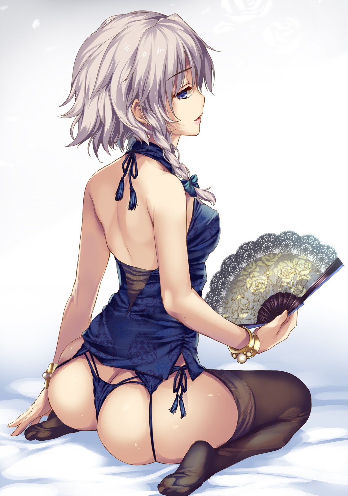 1girl ass back bare_back bare_shoulders bed bed_sheet black_legwear black_pantyhose blue_bow blue_eyes blue_panties bow bracelet braid breasts fan feet from_behind full_body garter_belt hair_bow highres hips izayoi_sakuya jewelry lingerie lips long_hair medium_breasts moneti_(daifuku) panties pantyhose profile sideboob silver_hair sitting solo thigh-highs thighs touhou underwear