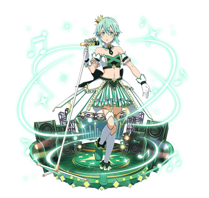 1girl aqua_hair arm_strap beamed_quavers choker crop_top crown full_body gloves green_eyes green_footwear green_neckwear hair_ornament holding idol kneehighs layered_skirt looking_at_viewer microphone_stand midriff mini_crown musical_note navel one_leg_raised open_mouth ribbon shinon_(sao) short_hair_with_long_locks short_necktie sidelocks simple_background skirt solo standing standing_on_one_leg stomach strapless striped striped_ribbon sword_art_online vertical-striped_skirt vertical_stripes white_background white_gloves white_legwear