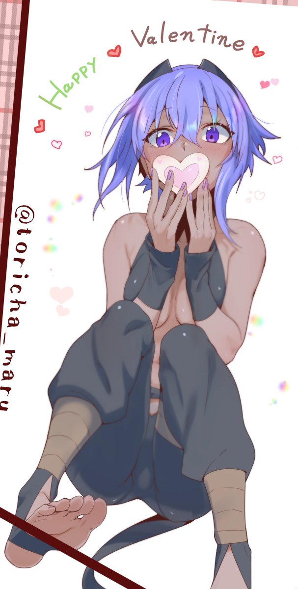 1girl bare_shoulders blush breasts commentary_request english_text eyebrows_visible_through_hair fate_(series) feet hassan_of_serenity_(fate) heart highres medium_breasts nail_polish purple_hair purple_nails solo stirrup_legwear toeless_legwear torichamaru twitter_username valentine violet_eyes