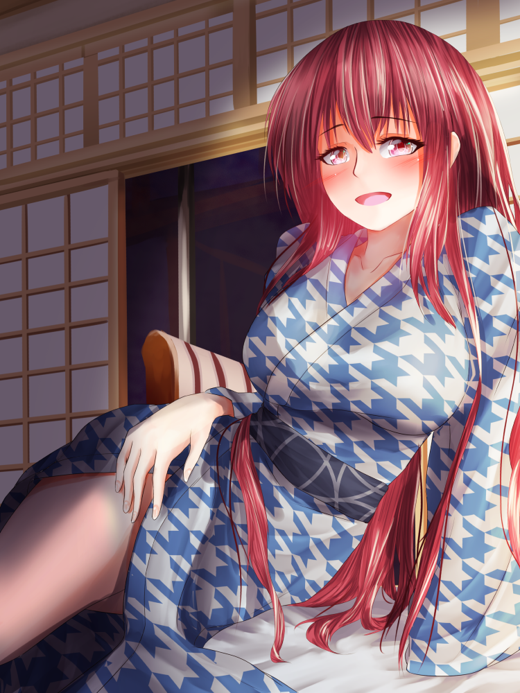 1girl blush japanese_clothes kimono legs long_hair looking_at_viewer okazaki_yumemi redhead sash sitting smile teruteru12 touhou touhou_(pc-98) yokozuwari yukata