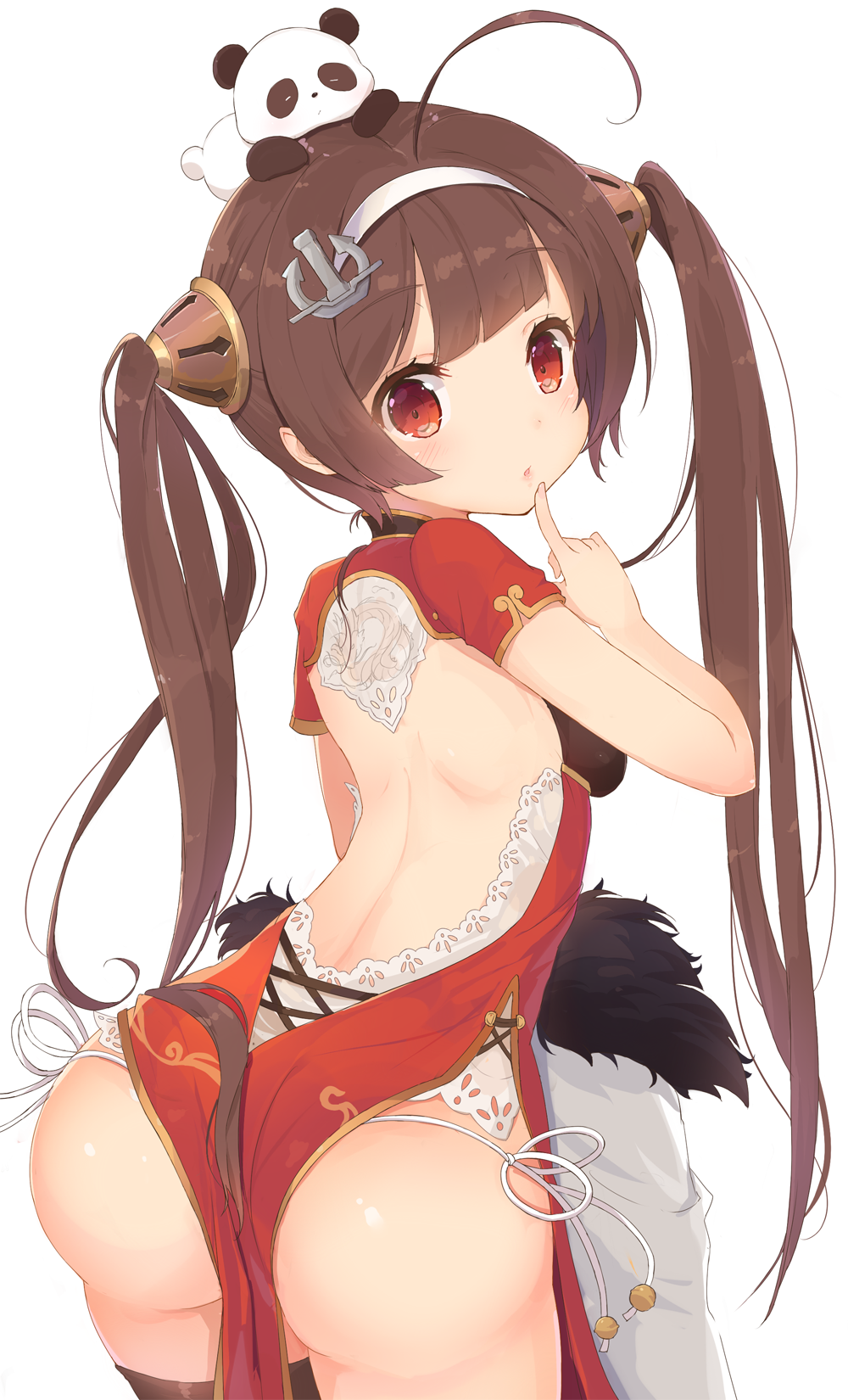 1girl :o ahoge anchor_hair_ornament ass azur_lane back bangs blunt_bangs blush brown_hair china_dress chinese_clothes coat_removed dress eyebrows_visible_through_hair finger_to_mouth from_behind fur_trim hair_ornament hairpods highres index_finger_raised kagerou_(shadowmage) leaning_forward looking_at_viewer looking_back open-back_dress panties parted_lips ping_hai_(azur_lane) red_dress red_eyes ringed_eyes shiny shiny_skin short_sleeves side-tie_panties simple_background solo stuffed_animal stuffed_panda stuffed_toy tareme twintails underwear white_background white_panties